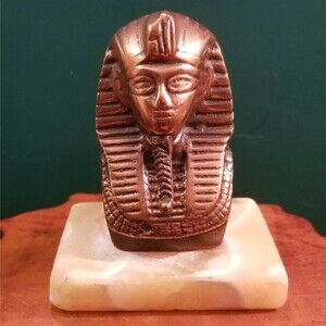 Vintage Egyptian Souvenir Tutankhamun King Tut Bronze Bust w/ Marble Base